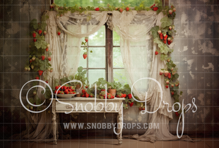 Vintage Strawberry Window Fabric Backdrop-Fabric Photography Backdrop-Snobby Drops Fabric Backdrops for Photography, Exclusive Designs by Tara Mapes Photography, Enchanted Eye Creations by Tara Mapes, photography backgrounds, photography backdrops, fast shipping, US backdrops, cheap photography backdrops