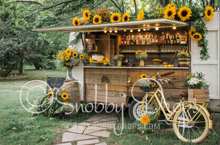 Vintage Sunflower Cart with Yellow Bike Fabric Backdrop-Fabric Photography Backdrop-Snobby Drops Fabric Backdrops for Photography, Exclusive Designs by Tara Mapes Photography, Enchanted Eye Creations by Tara Mapes, photography backgrounds, photography backdrops, fast shipping, US backdrops, cheap photography backdrops