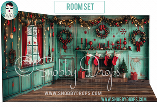 Vintage Teal and Red Christmas Fireplace Room 3 Piece Room Set-Photography Backdrop 3P Room Set-Snobby Drops Fabric Backdrops for Photography, Exclusive Designs by Tara Mapes Photography, Enchanted Eye Creations by Tara Mapes, photography backgrounds, photography backdrops, fast shipping, US backdrops, cheap photography backdrops