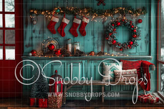 Vintage Teal and Red Christmas Foyer Fabric Backdrop-Fabric Photography Backdrop-Snobby Drops Fabric Backdrops for Photography, Exclusive Designs by Tara Mapes Photography, Enchanted Eye Creations by Tara Mapes, photography backgrounds, photography backdrops, fast shipping, US backdrops, cheap photography backdrops