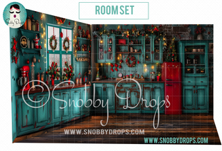 Vintage Teal and Red Christmas Kitchen 3 Piece Room Set-Photography Backdrop 3P Room Set-Snobby Drops Fabric Backdrops for Photography, Exclusive Designs by Tara Mapes Photography, Enchanted Eye Creations by Tara Mapes, photography backgrounds, photography backdrops, fast shipping, US backdrops, cheap photography backdrops