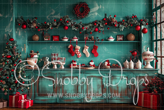 Vintage Teal and Red Christmas Kitchen Cabinets Fabric Backdrop-Fabric Photography Backdrop-Snobby Drops Fabric Backdrops for Photography, Exclusive Designs by Tara Mapes Photography, Enchanted Eye Creations by Tara Mapes, photography backgrounds, photography backdrops, fast shipping, US backdrops, cheap photography backdrops