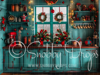 Vintage Teal and Red Christmas Kitchen Window Fabric Backdrop-Fabric Photography Backdrop-Snobby Drops Fabric Backdrops for Photography, Exclusive Designs by Tara Mapes Photography, Enchanted Eye Creations by Tara Mapes, photography backgrounds, photography backdrops, fast shipping, US backdrops, cheap photography backdrops
