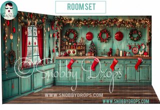 Vintage Teal and Red Christmas Room 3 Piece Room Set-Photography Backdrop 3P Room Set-Snobby Drops Fabric Backdrops for Photography, Exclusive Designs by Tara Mapes Photography, Enchanted Eye Creations by Tara Mapes, photography backgrounds, photography backdrops, fast shipping, US backdrops, cheap photography backdrops
