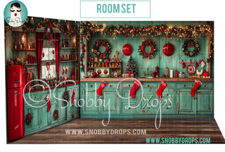 Vintage Teal Christmas Kitchen with Red Accents 3 Piece Room Set-Photography Backdrop 3P Room Set-Snobby Drops Fabric Backdrops for Photography, Exclusive Designs by Tara Mapes Photography, Enchanted Eye Creations by Tara Mapes, photography backgrounds, photography backdrops, fast shipping, US backdrops, cheap photography backdrops