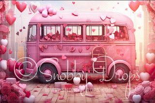 Vintage Valentine Bus Fabric Backdrop-Fabric Photography Backdrop-Snobby Drops Fabric Backdrops for Photography, Exclusive Designs by Tara Mapes Photography, Enchanted Eye Creations by Tara Mapes, photography backgrounds, photography backdrops, fast shipping, US backdrops, cheap photography backdrops