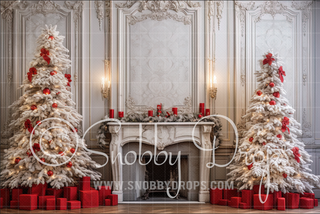 Vintage White Christmas Room with Mantle Fabric Backdrop-Fabric Photography Backdrop-Snobby Drops Fabric Backdrops for Photography, Exclusive Designs by Tara Mapes Photography, Enchanted Eye Creations by Tara Mapes, photography backgrounds, photography backdrops, fast shipping, US backdrops, cheap photography backdrops