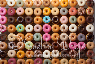 Wall of Donuts Fabric Tot Drop-Fabric Photography Tot Drop-Snobby Drops Fabric Backdrops for Photography, Exclusive Designs by Tara Mapes Photography, Enchanted Eye Creations by Tara Mapes, photography backgrounds, photography backdrops, fast shipping, US backdrops, cheap photography backdrops