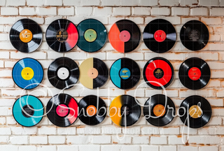 Wall of Records Vinyls Fabric Backdrop-Fabric Photography Backdrop-Snobby Drops Fabric Backdrops for Photography, Exclusive Designs by Tara Mapes Photography, Enchanted Eye Creations by Tara Mapes, photography backgrounds, photography backdrops, fast shipping, US backdrops, cheap photography backdrops