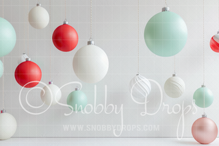 Wall with Christmas Ornaments Fabric Backdrop-Fabric Photography Backdrop-Snobby Drops Fabric Backdrops for Photography, Exclusive Designs by Tara Mapes Photography, Enchanted Eye Creations by Tara Mapes, photography backgrounds, photography backdrops, fast shipping, US backdrops, cheap photography backdrops