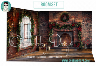 Warm Brick and Garland Christmas 3 Piece Room Set-Photography Backdrop 3P Room Set-Snobby Drops Fabric Backdrops for Photography, Exclusive Designs by Tara Mapes Photography, Enchanted Eye Creations by Tara Mapes, photography backgrounds, photography backdrops, fast shipping, US backdrops, cheap photography backdrops