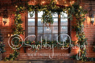 Warm Brick with Garland Christmas Window Fabric Backdrop-Fabric Photography Backdrop-Snobby Drops Fabric Backdrops for Photography, Exclusive Designs by Tara Mapes Photography, Enchanted Eye Creations by Tara Mapes, photography backgrounds, photography backdrops, fast shipping, US backdrops, cheap photography backdrops