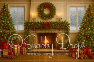 Warm Fireplace Christmas Fabric Backdrop-Fabric Photography Backdrop-Snobby Drops Fabric Backdrops for Photography, Exclusive Designs by Tara Mapes Photography, Enchanted Eye Creations by Tara Mapes, photography backgrounds, photography backdrops, fast shipping, US backdrops, cheap photography backdrops