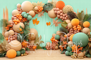 Warm Tropical Balloon Arch Cake Smash Tot Drop-Fabric Photography Tot Drop-Snobby Drops Fabric Backdrops for Photography, Exclusive Designs by Tara Mapes Photography, Enchanted Eye Creations by Tara Mapes, photography backgrounds, photography backdrops, fast shipping, US backdrops, cheap photography backdrops