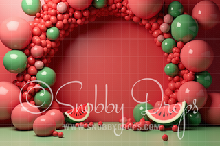 Watermelon Balls Balloon Arch Cake Smash Backdrop-Fabric Photography Backdrop-Snobby Drops Fabric Backdrops for Photography, Exclusive Designs by Tara Mapes Photography, Enchanted Eye Creations by Tara Mapes, photography backgrounds, photography backdrops, fast shipping, US backdrops, cheap photography backdrops