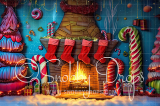 Whimsical Christmas Fireplace Whimsyville Fabric Backdrop-Fabric Photography Backdrop-Snobby Drops Fabric Backdrops for Photography, Exclusive Designs by Tara Mapes Photography, Enchanted Eye Creations by Tara Mapes, photography backgrounds, photography backdrops, fast shipping, US backdrops, cheap photography backdrops