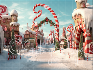 Whimsical Christmas Town Path Whimsyville Fabric Backdrop-Fabric Photography Backdrop-Snobby Drops Fabric Backdrops for Photography, Exclusive Designs by Tara Mapes Photography, Enchanted Eye Creations by Tara Mapes, photography backgrounds, photography backdrops, fast shipping, US backdrops, cheap photography backdrops