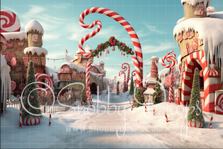 Whimsical Christmas Town Path Whimsyville Fabric Backdrop-Fabric Photography Backdrop-Snobby Drops Fabric Backdrops for Photography, Exclusive Designs by Tara Mapes Photography, Enchanted Eye Creations by Tara Mapes, photography backgrounds, photography backdrops, fast shipping, US backdrops, cheap photography backdrops