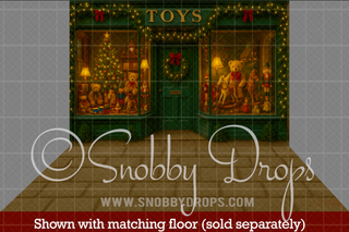 Whimsical Christmas Toy Shop Storefront Fabric Backdrop-Fabric Photography Backdrop-Snobby Drops Fabric Backdrops for Photography, Exclusive Designs by Tara Mapes Photography, Enchanted Eye Creations by Tara Mapes, photography backgrounds, photography backdrops, fast shipping, US backdrops, cheap photography backdrops