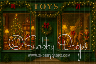 Whimsical Christmas Toy Shop Storefront Fabric Backdrop-Fabric Photography Backdrop-Snobby Drops Fabric Backdrops for Photography, Exclusive Designs by Tara Mapes Photography, Enchanted Eye Creations by Tara Mapes, photography backgrounds, photography backdrops, fast shipping, US backdrops, cheap photography backdrops