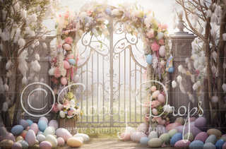 Whimsical Easter Egg Gate Fabric Backdrop-Fabric Photography Backdrop-Snobby Drops Fabric Backdrops for Photography, Exclusive Designs by Tara Mapes Photography, Enchanted Eye Creations by Tara Mapes, photography backgrounds, photography backdrops, fast shipping, US backdrops, cheap photography backdrops