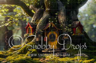 Whimsical Fairy Tree House Fabric Backdrop-Fabric Photography Backdrop-Snobby Drops Fabric Backdrops for Photography, Exclusive Designs by Tara Mapes Photography, Enchanted Eye Creations by Tara Mapes, photography backgrounds, photography backdrops, fast shipping, US backdrops, cheap photography backdrops