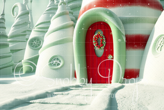 Whimsyville Snowy House Fabric Backdrop-Fabric Photography Backdrop-Snobby Drops Fabric Backdrops for Photography, Exclusive Designs by Tara Mapes Photography, Enchanted Eye Creations by Tara Mapes, photography backgrounds, photography backdrops, fast shipping, US backdrops, cheap photography backdrops