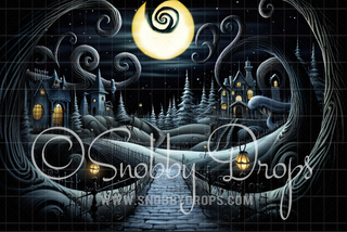 Whirly Nightmare Halloween Town Fabric Backdrop-Fabric Photography Backdrop-Snobby Drops Fabric Backdrops for Photography, Exclusive Designs by Tara Mapes Photography, Enchanted Eye Creations by Tara Mapes, photography backgrounds, photography backdrops, fast shipping, US backdrops, cheap photography backdrops