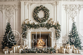 White and Pine Christmas Mantle Fabric Backdrop-Fabric Photography Backdrop-Snobby Drops Fabric Backdrops for Photography, Exclusive Designs by Tara Mapes Photography, Enchanted Eye Creations by Tara Mapes, photography backgrounds, photography backdrops, fast shipping, US backdrops, cheap photography backdrops