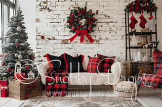 White and Red Plaid Christmas Room Fabric Backdrop-Fabric Photography Backdrop-Snobby Drops Fabric Backdrops for Photography, Exclusive Designs by Tara Mapes Photography, Enchanted Eye Creations by Tara Mapes, photography backgrounds, photography backdrops, fast shipping, US backdrops, cheap photography backdrops