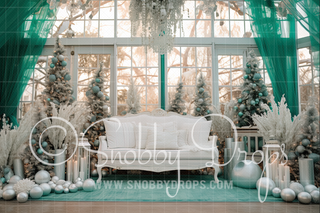 White and Teal Christmas Glass Barn Fabric Backdrop-Fabric Photography Backdrop-Snobby Drops Fabric Backdrops for Photography, Exclusive Designs by Tara Mapes Photography, Enchanted Eye Creations by Tara Mapes, photography backgrounds, photography backdrops, fast shipping, US backdrops, cheap photography backdrops