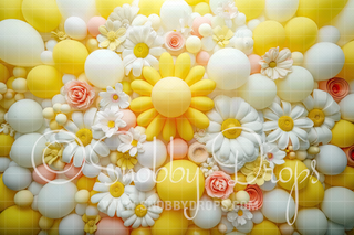 White and Yellow Daisy Balloons Cake Smash Fabric Backdrop-Fabric Photography Backdrop-Snobby Drops Fabric Backdrops for Photography, Exclusive Designs by Tara Mapes Photography, Enchanted Eye Creations by Tara Mapes, photography backgrounds, photography backdrops, fast shipping, US backdrops, cheap photography backdrops