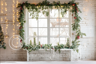 White Brick and Garland Christmas 3 Piece Room Set-Photography Backdrop 3P Room Set-Snobby Drops Fabric Backdrops for Photography, Exclusive Designs by Tara Mapes Photography, Enchanted Eye Creations by Tara Mapes, photography backgrounds, photography backdrops, fast shipping, US backdrops, cheap photography backdrops