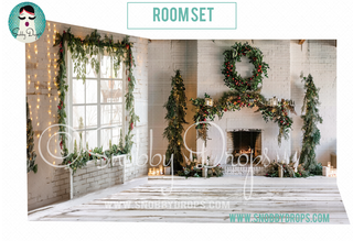 White Brick and Garland Christmas 3 Piece Room Set-Photography Backdrop 3P Room Set-Snobby Drops Fabric Backdrops for Photography, Exclusive Designs by Tara Mapes Photography, Enchanted Eye Creations by Tara Mapes, photography backgrounds, photography backdrops, fast shipping, US backdrops, cheap photography backdrops