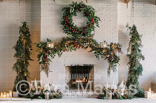 White Brick Christmas Fireplace Fabric Backdrop-Fabric Photography Backdrop-Snobby Drops Fabric Backdrops for Photography, Exclusive Designs by Tara Mapes Photography, Enchanted Eye Creations by Tara Mapes, photography backgrounds, photography backdrops, fast shipping, US backdrops, cheap photography backdrops