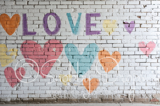 White Brick with Pastel Hearts Valentine Fabric Backdrop-Fabric Photography Backdrop-Snobby Drops Fabric Backdrops for Photography, Exclusive Designs by Tara Mapes Photography, Enchanted Eye Creations by Tara Mapes, photography backgrounds, photography backdrops, fast shipping, US backdrops, cheap photography backdrops