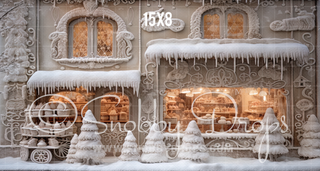 White Christmas Gingerbread Shop Storefront Fabric Backdrop-Fabric Photography Backdrop-Snobby Drops Fabric Backdrops for Photography, Exclusive Designs by Tara Mapes Photography, Enchanted Eye Creations by Tara Mapes, photography backgrounds, photography backdrops, fast shipping, US backdrops, cheap photography backdrops