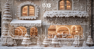 White Christmas Gingerbread Shop Storefront Fabric Backdrop-Fabric Photography Backdrop-Snobby Drops Fabric Backdrops for Photography, Exclusive Designs by Tara Mapes Photography, Enchanted Eye Creations by Tara Mapes, photography backgrounds, photography backdrops, fast shipping, US backdrops, cheap photography backdrops