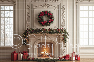 White Christmas Mantle Fabric Backdrop-Fabric Photography Backdrop-Snobby Drops Fabric Backdrops for Photography, Exclusive Designs by Tara Mapes Photography, Enchanted Eye Creations by Tara Mapes, photography backgrounds, photography backdrops, fast shipping, US backdrops, cheap photography backdrops