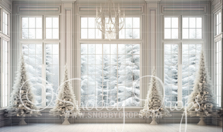 White Christmas Pines Room Fabric Backdrop-Fabric Photography Backdrop-Snobby Drops Fabric Backdrops for Photography, Exclusive Designs by Tara Mapes Photography, Enchanted Eye Creations by Tara Mapes, photography backgrounds, photography backdrops, fast shipping, US backdrops, cheap photography backdrops