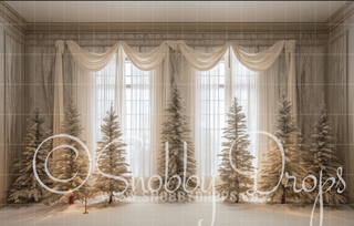 White Christmas Pines Room Fabric Backdrop-Fabric Photography Backdrop-Snobby Drops Fabric Backdrops for Photography, Exclusive Designs by Tara Mapes Photography, Enchanted Eye Creations by Tara Mapes, photography backgrounds, photography backdrops, fast shipping, US backdrops, cheap photography backdrops