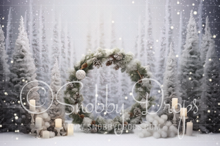 White Christmas Wreath Studio Fabric Backdrop-Fabric Photography Backdrop-Snobby Drops Fabric Backdrops for Photography, Exclusive Designs by Tara Mapes Photography, Enchanted Eye Creations by Tara Mapes, photography backgrounds, photography backdrops, fast shipping, US backdrops, cheap photography backdrops