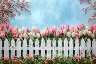 White Fence and Tulips Spring Fabric Backdrop-Fabric Photography Backdrop-Snobby Drops Fabric Backdrops for Photography, Exclusive Designs by Tara Mapes Photography, Enchanted Eye Creations by Tara Mapes, photography backgrounds, photography backdrops, fast shipping, US backdrops, cheap photography backdrops