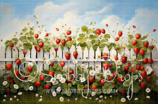 White Fence with Strawberries Fabric Backdrop-Fabric Photography Backdrop-Snobby Drops Fabric Backdrops for Photography, Exclusive Designs by Tara Mapes Photography, Enchanted Eye Creations by Tara Mapes, photography backgrounds, photography backdrops, fast shipping, US backdrops, cheap photography backdrops