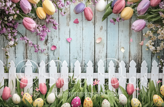 White Picket Fence and Tulips Easter Fabric Backdrop-Fabric Photography Backdrop-Snobby Drops Fabric Backdrops for Photography, Exclusive Designs by Tara Mapes Photography, Enchanted Eye Creations by Tara Mapes, photography backgrounds, photography backdrops, fast shipping, US backdrops, cheap photography backdrops