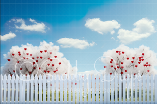 White Picket Fence Heart Trees Valentine Fabric Backdrop-Fabric Photography Backdrop-Snobby Drops Fabric Backdrops for Photography, Exclusive Designs by Tara Mapes Photography, Enchanted Eye Creations by Tara Mapes, photography backgrounds, photography backdrops, fast shipping, US backdrops, cheap photography backdrops