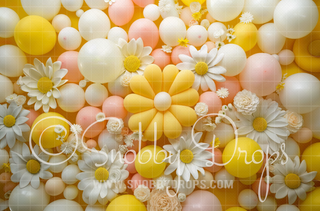 White Pink and Yellow Daisy Balloons Cake Smash Fabric Backdrop-Fabric Photography Backdrop-Snobby Drops Fabric Backdrops for Photography, Exclusive Designs by Tara Mapes Photography, Enchanted Eye Creations by Tara Mapes, photography backgrounds, photography backdrops, fast shipping, US backdrops, cheap photography backdrops