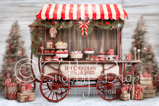 White & Red Vintage Hot Chocolate Cart Fabric Backdrop-Fabric Photography Backdrop-Snobby Drops Fabric Backdrops for Photography, Exclusive Designs by Tara Mapes Photography, Enchanted Eye Creations by Tara Mapes, photography backgrounds, photography backdrops, fast shipping, US backdrops, cheap photography backdrops