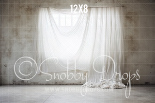 White Room with Curtain Minimalism Fabric Backdrop-Fabric Photography Backdrop-Snobby Drops Fabric Backdrops for Photography, Exclusive Designs by Tara Mapes Photography, Enchanted Eye Creations by Tara Mapes, photography backgrounds, photography backdrops, fast shipping, US backdrops, cheap photography backdrops