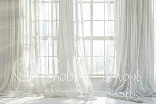 White Room with Curtains Fabric Backdrop-Fabric Photography Backdrop-Snobby Drops Fabric Backdrops for Photography, Exclusive Designs by Tara Mapes Photography, Enchanted Eye Creations by Tara Mapes, photography backgrounds, photography backdrops, fast shipping, US backdrops, cheap photography backdrops